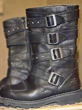 Harley-Davidson Womens 8W Black Leather Harness Buckle Strap Moto Boots
